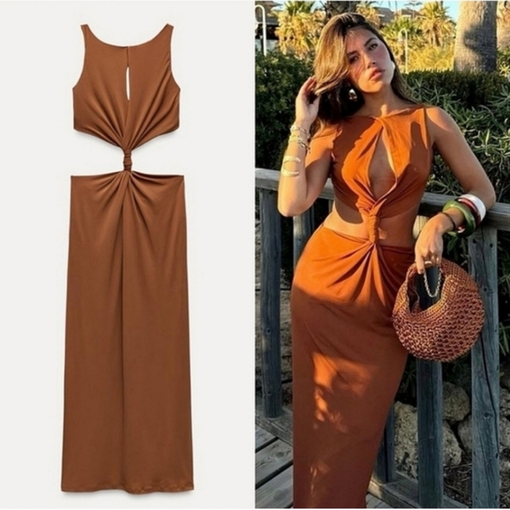 Zara Cut Out Maxi Dress Brown SizeM - Picture 4 of 13
